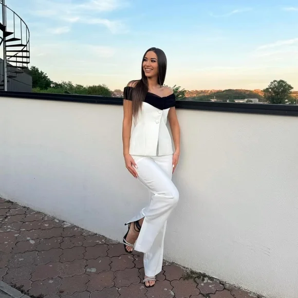 ZARA 2 PIECES CONTRAST BUSTIER TOP WITH PIECE COMBINATION WAIST PANTS SIZE S - Picture 2 of 16